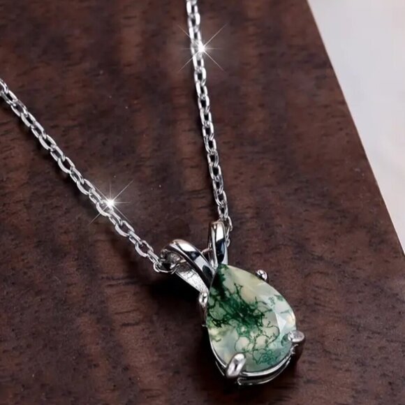 Moss Agate Necklace 925 Silver Pear Shaped Stone NWT - Picture 1 of 4